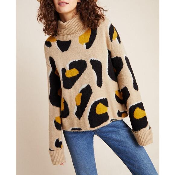 Anthropologie Moth Georgia Leopard Print Turtleneck Sweater Tan Black, Size XS - Picture 1 of 12